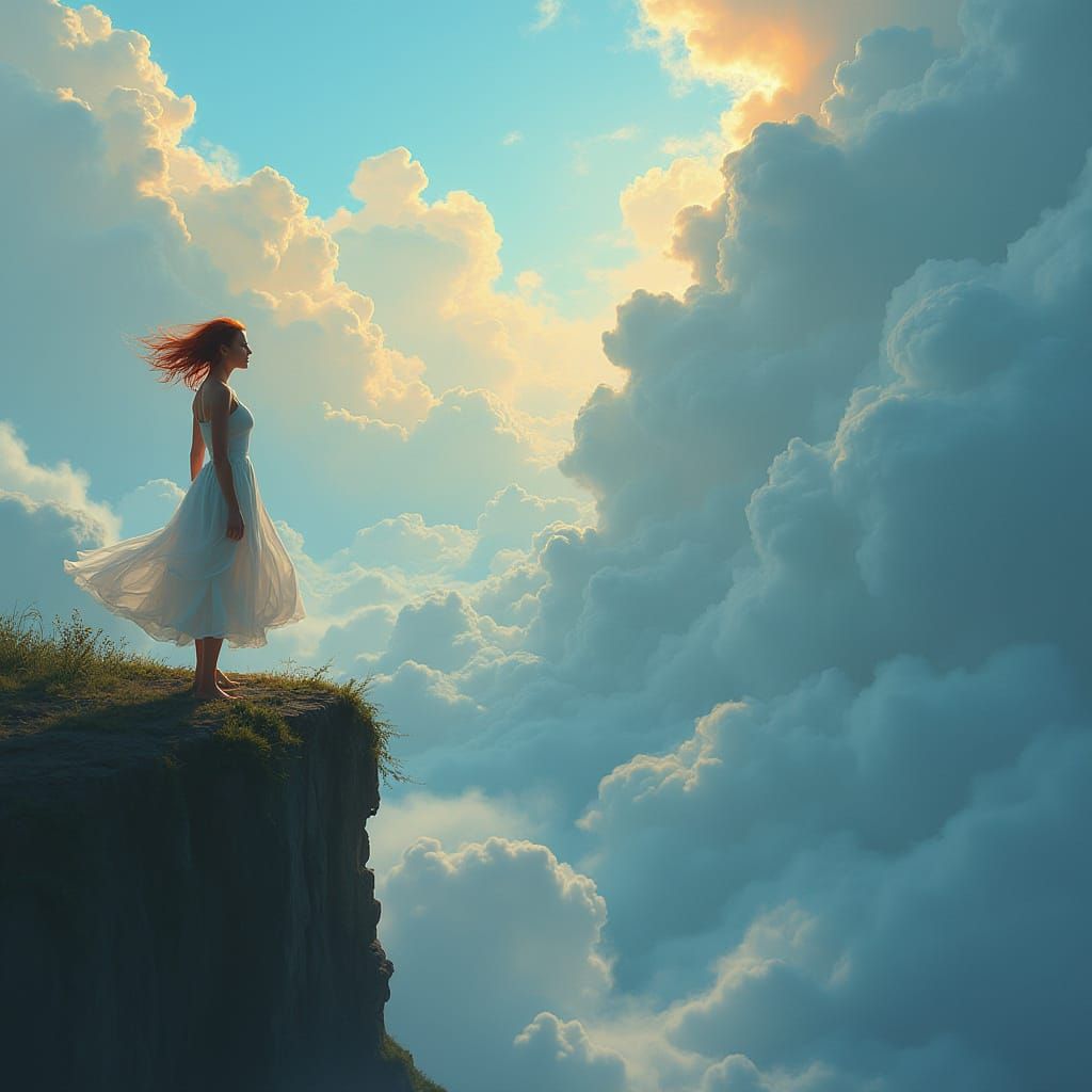 Woman at Cliff's Edge in Dreamlike Digital Art