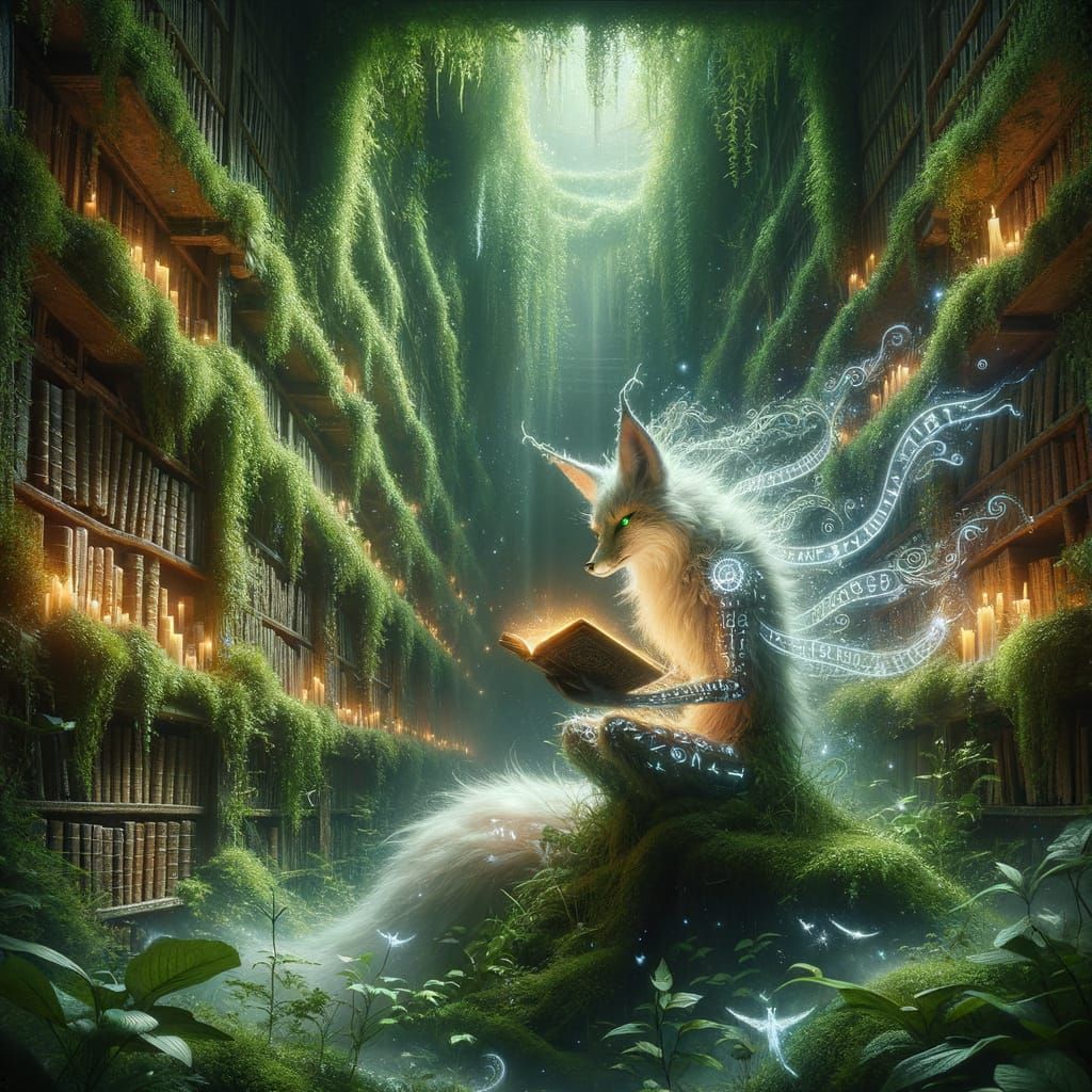 Spectral Fox Reads Ancient Tome in Overgrown Library