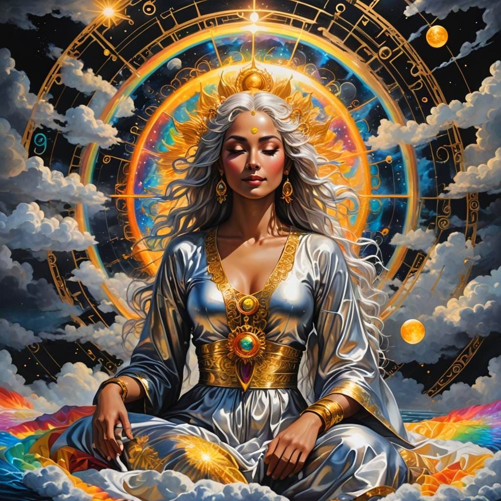 Opalescent Figure Lounging on Cloud in Dreamlike Setting