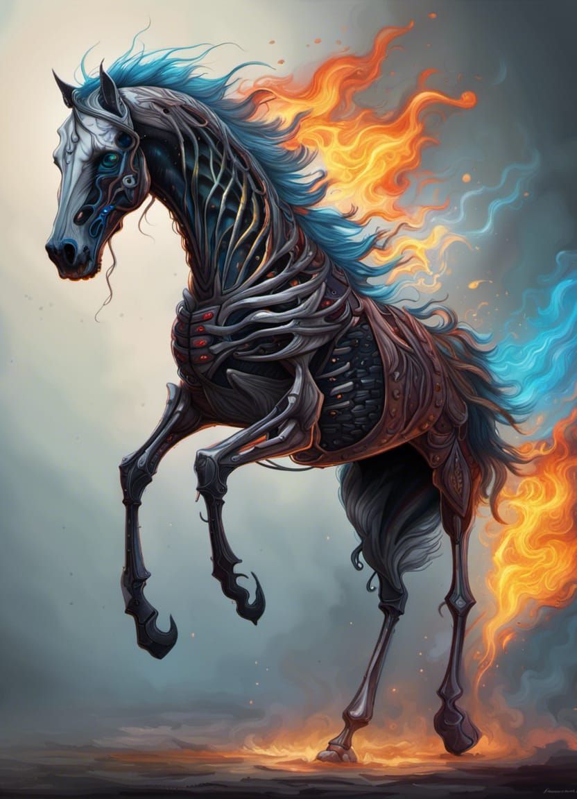 Dark Skeleton Horse with Flaming Eyes: Hyperrealistic Art
