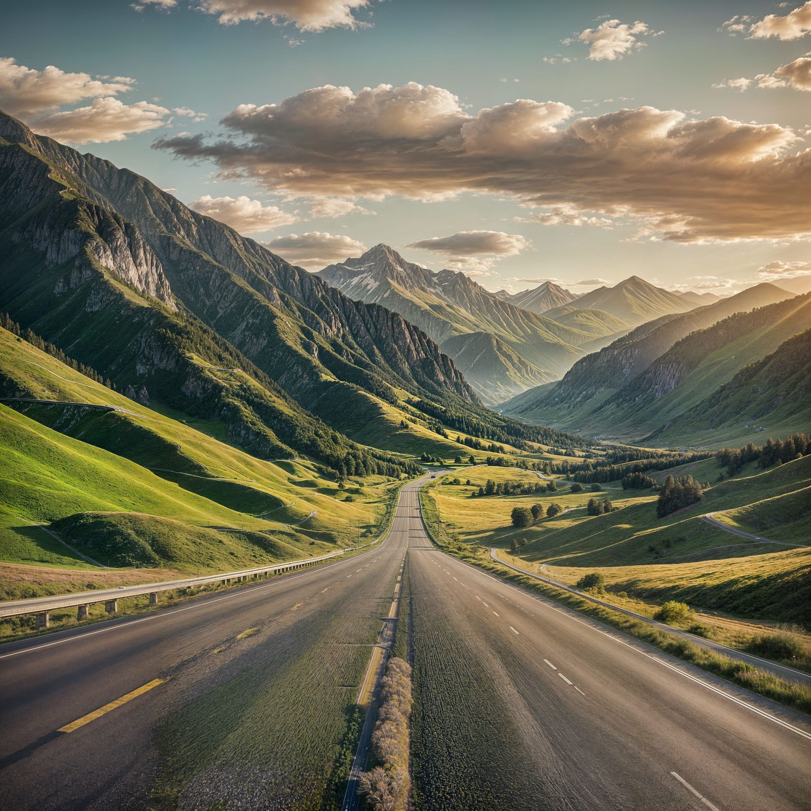 Serene Liminal Highway Scene in Golden Sunlight