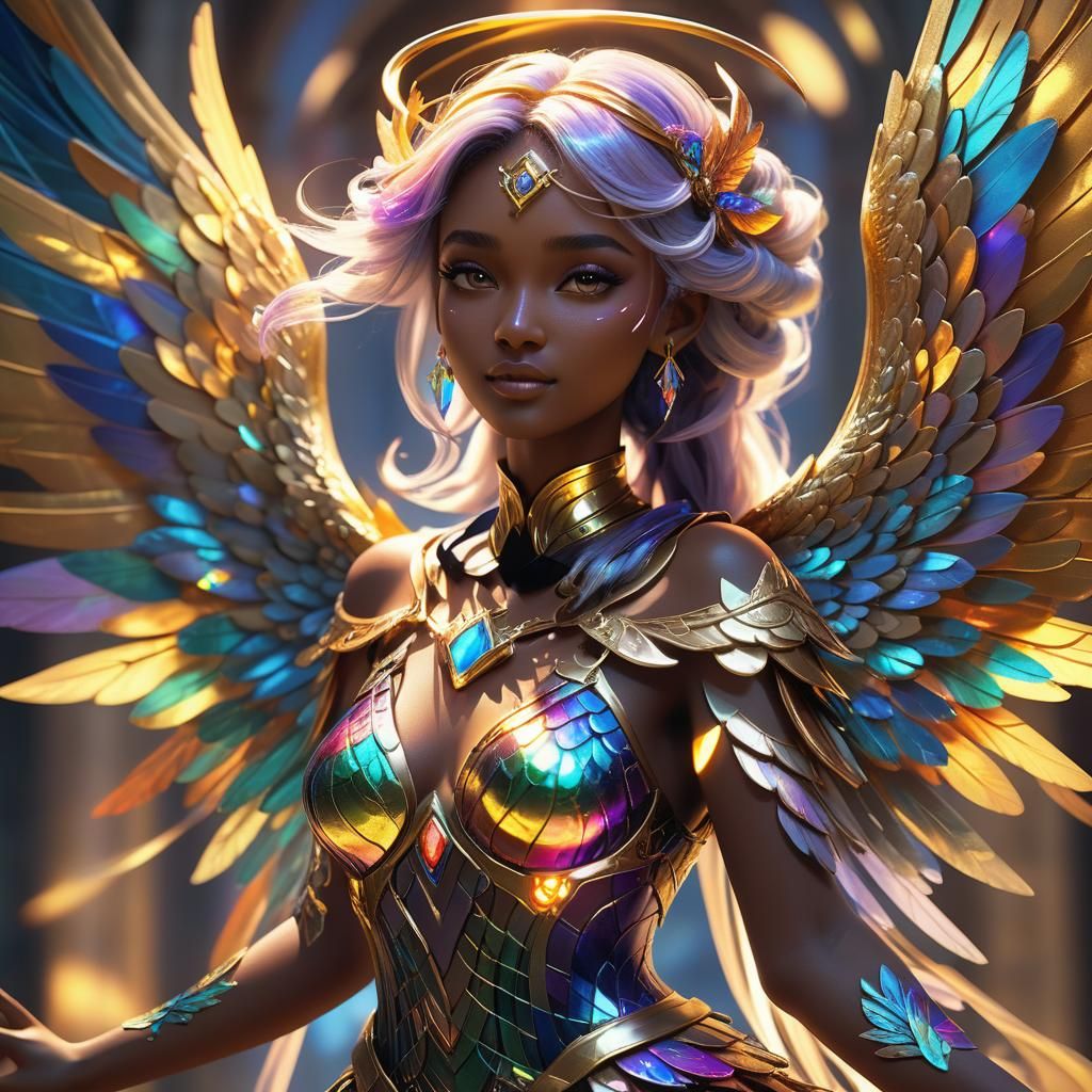 Goddess with Iridescent Wings in Vibrant Digital Art