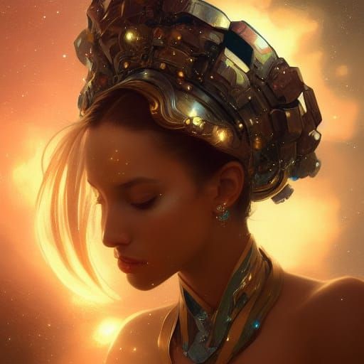 Woman with Galaxy Crown, Detailed Digital Art