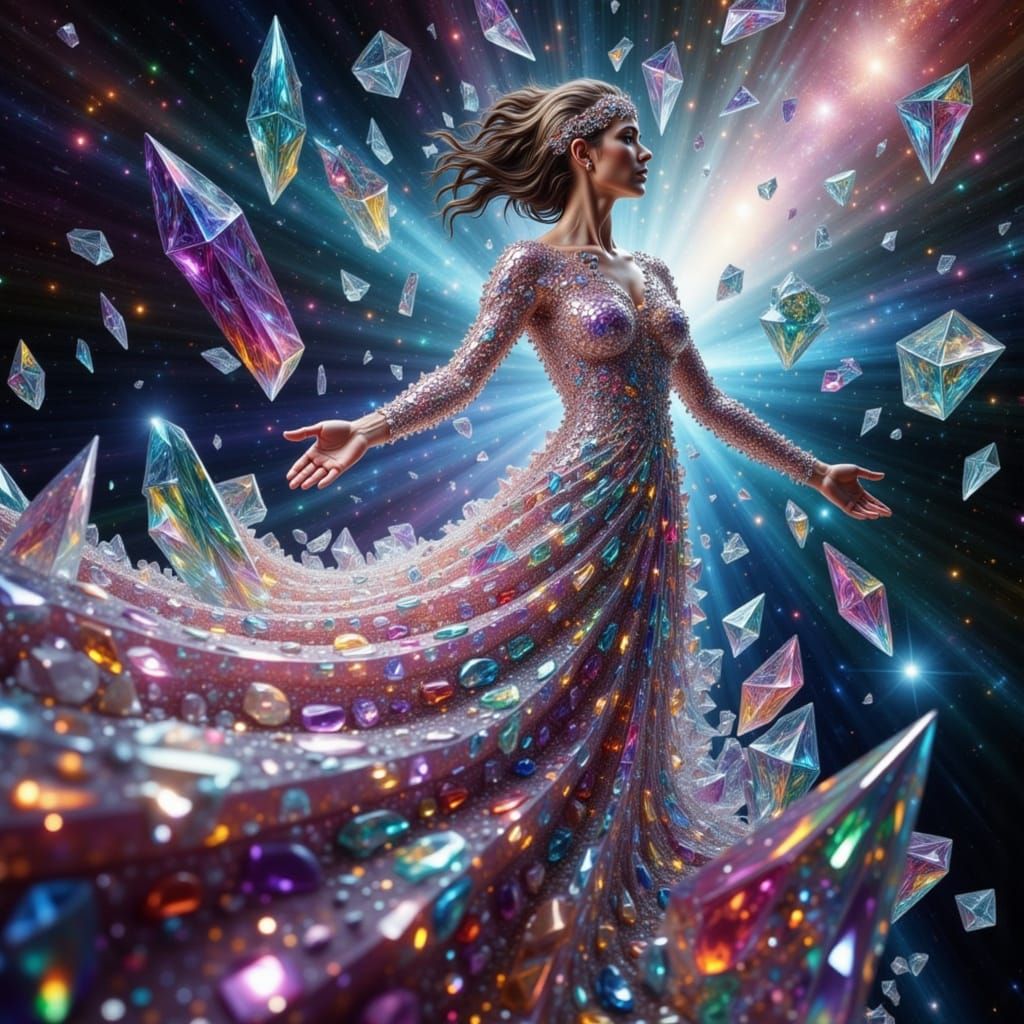 Woman Merged with Fractals Soaring Through Galaxy