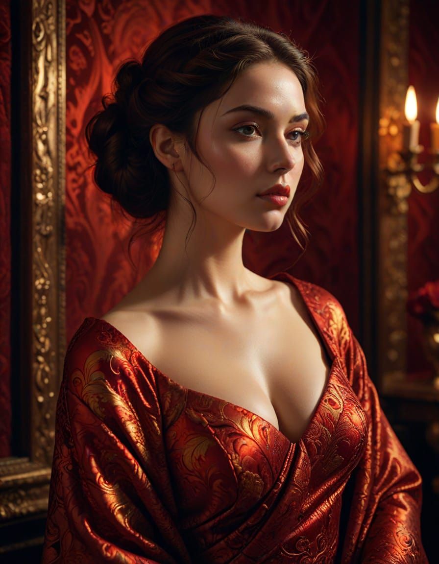 Crimson Brocade Goddess in Dramatic Lighting
