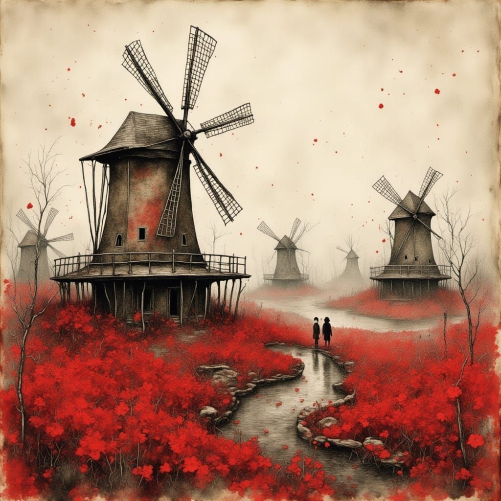 Red and White Windmills in Dreamlike Landscape