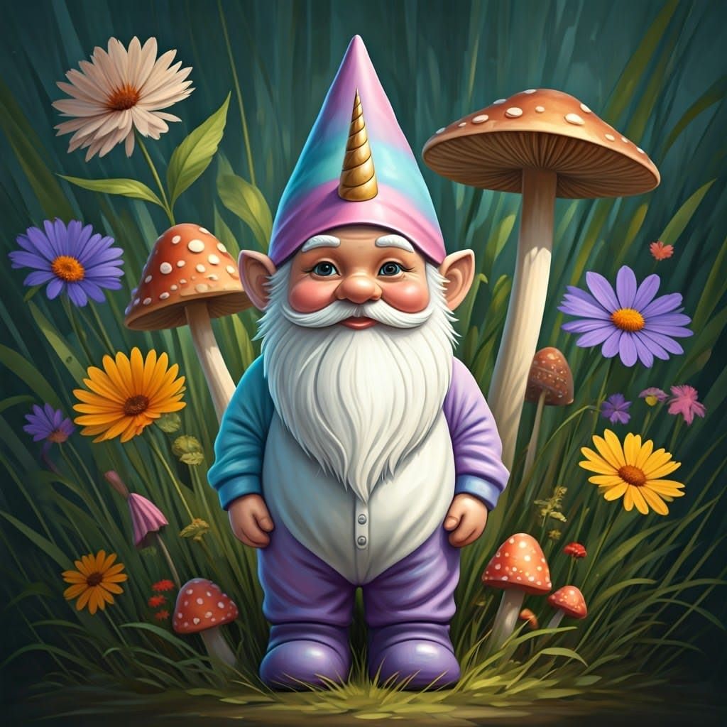 Gnome in Unicorn Onesie, Impressionistic Folk Art