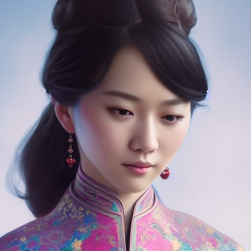 Asian Princess in Cheongsam: Hyperdetailed Art Nouveau Portr...