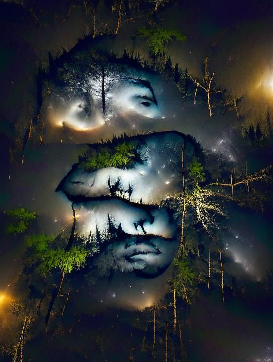 Double Exposure Forest Face Optical Illusion