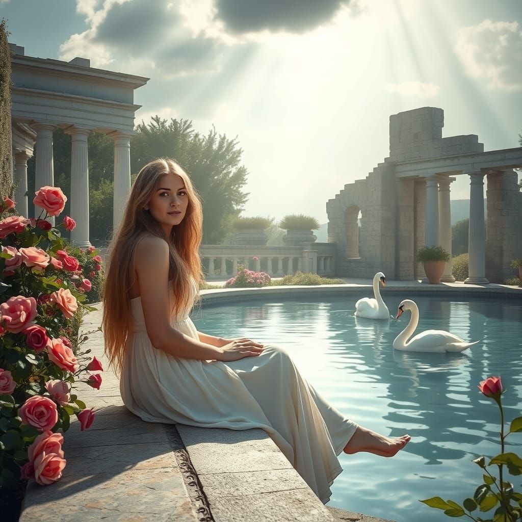Ethereal Greek Goddess Amidst Rose Garden Ruins