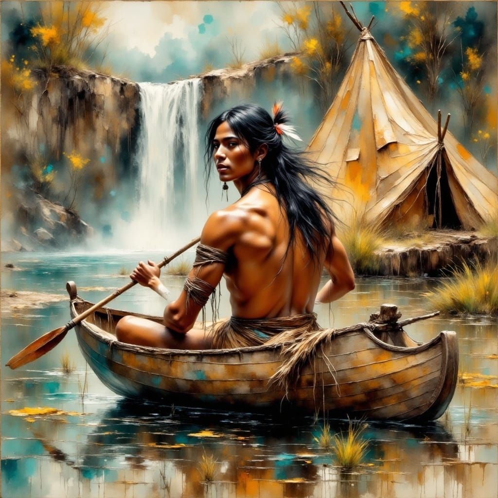 Native American Man in Canoe, Impressionist Style