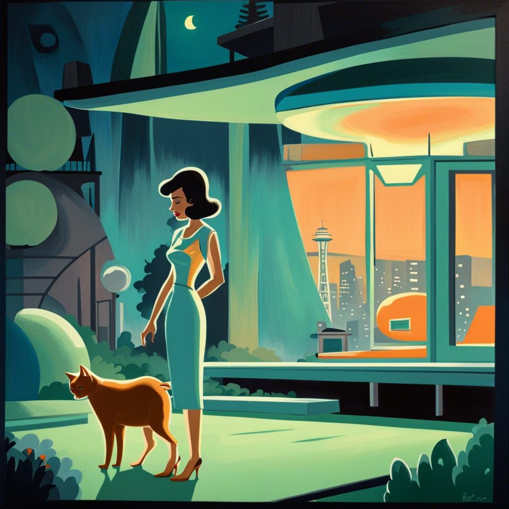 Retro-Futuristic Woman and Cat in Atomic Style