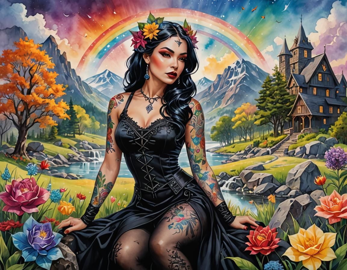 Gothic Latina Pinup with Rainbow Crystals in Watercolour