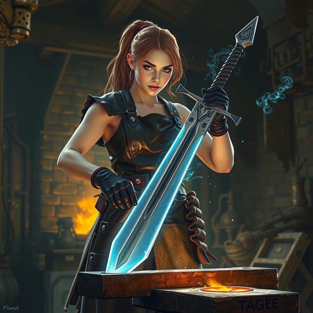 Majestic Female Blacksmith Forges Magical Long Sword