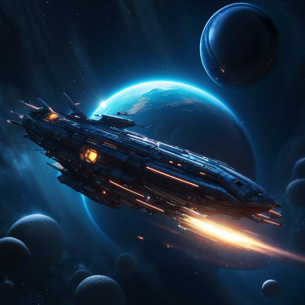 Spaceship Speeding Towards Blue Planet in Dark Fantasy Style