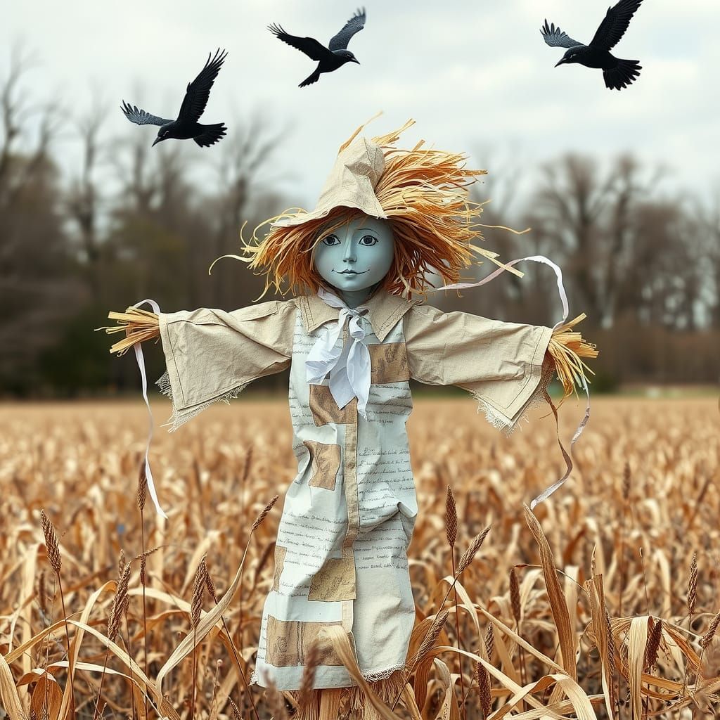 Scarecrow in Paper Field with Flying Crows
