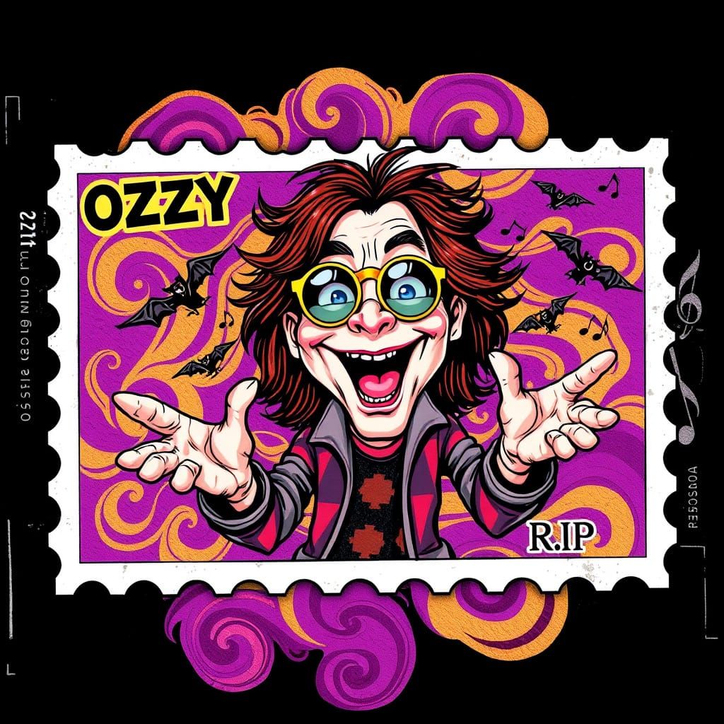Ozzy Osbourne Caricature in Retro Psychedelic Style