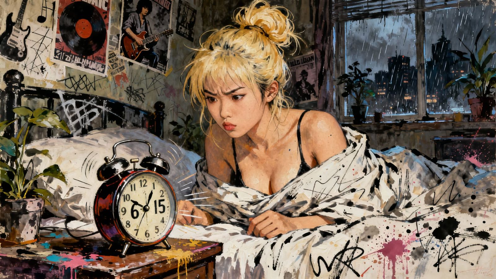 Punk Collage Painting of Woman Reluctant to Wake Up