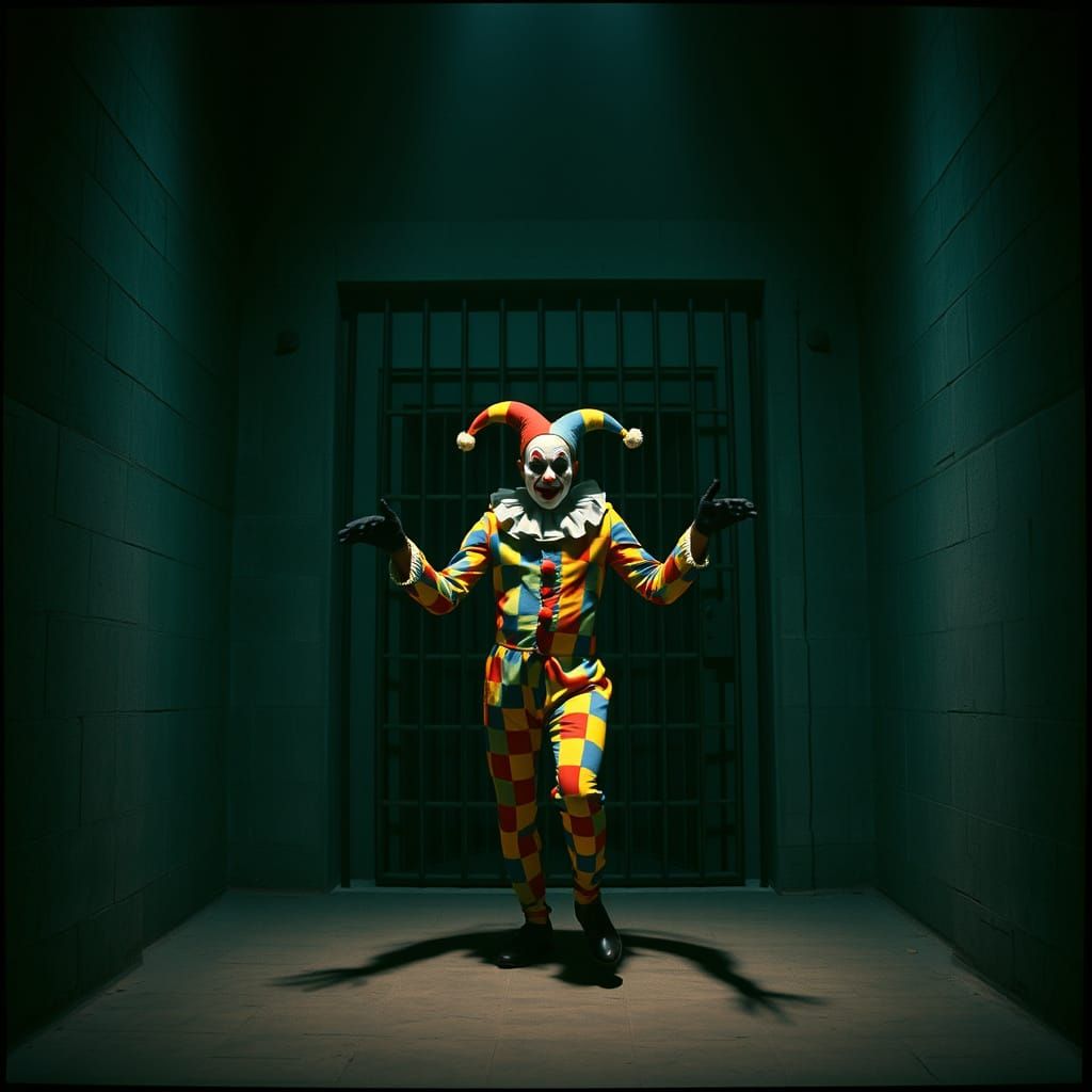Harlequin in Prison: A Cinematic Film Still