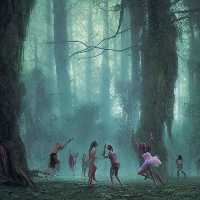 Hippies Dancing at Futuristic Forest Rave