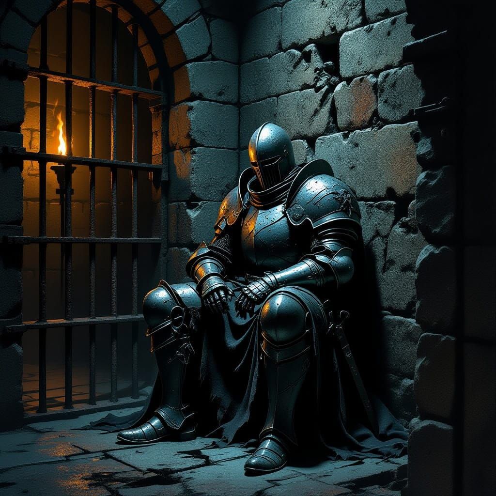 Dark Fantasy Prison Cell Scene with Undead Knight