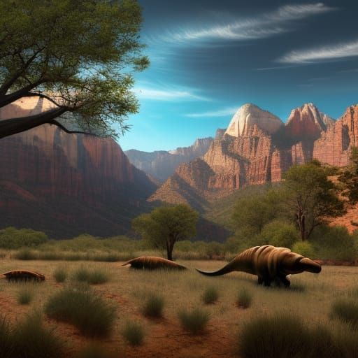 Zion National Park with Wild Dinosaurs: Detailed Matte Paint...