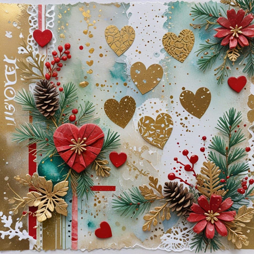 Whimsical Watercolor Christmas Collage with Hearts and Pinec...