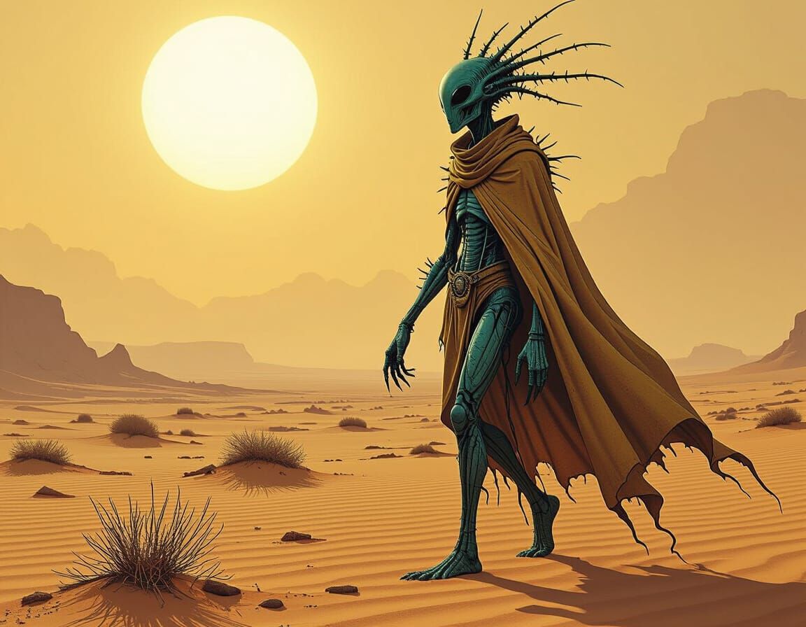 Arid Wanderer: Alien in Desert Landscape