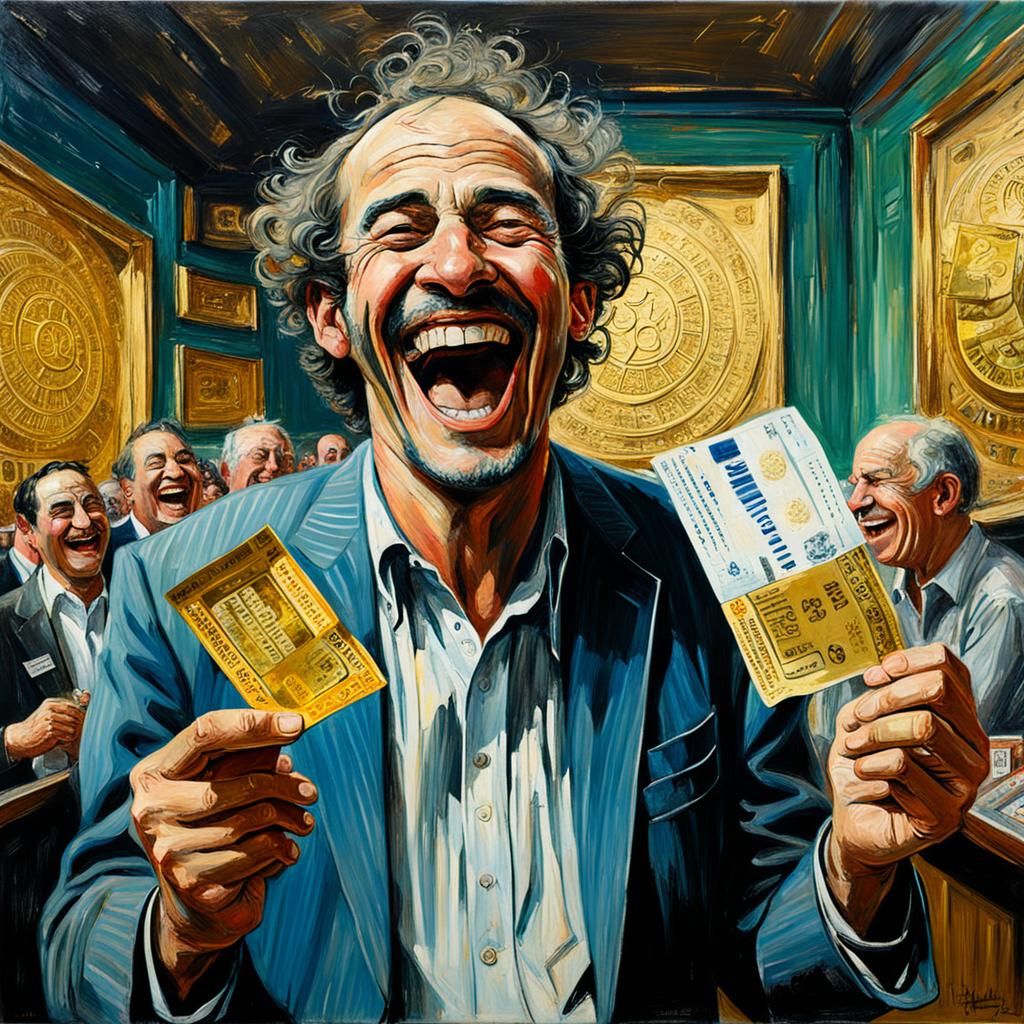 Laughing Man Celebrates Lottery Win as Oil Painting
