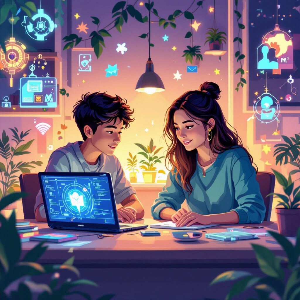Student and Teacher Connected Via Glowing Laptops