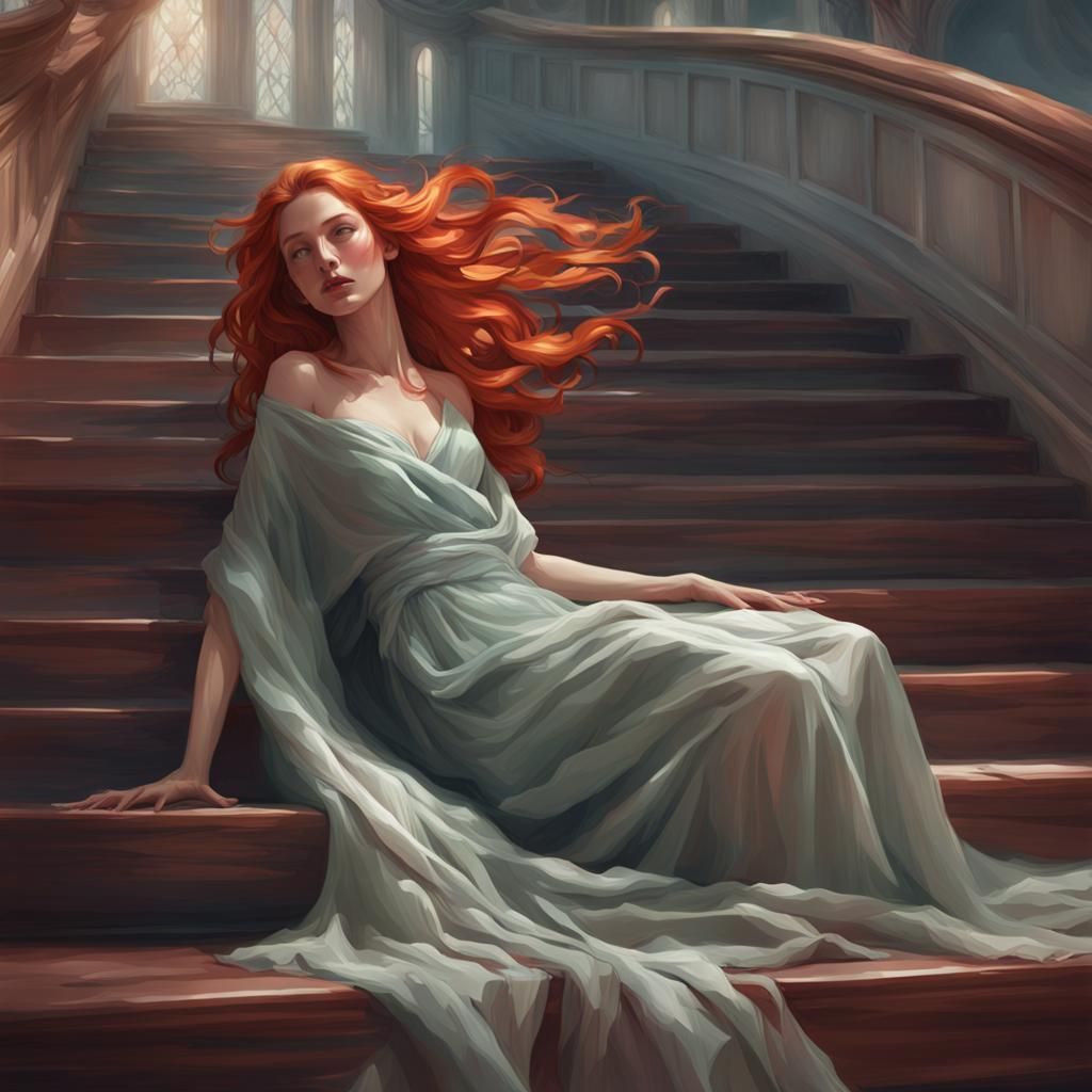Ethereal Redhead Descending Stairs: Digital Art Portrait