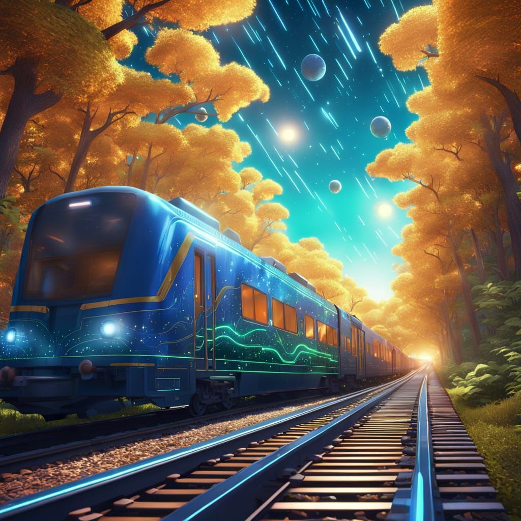 Cosmic Train Through Forest: Vibrant Digital Art