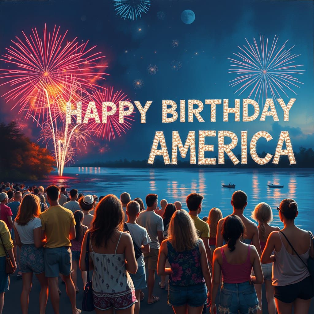 Festive Fireworks over Cheering Crowd: Americana Art