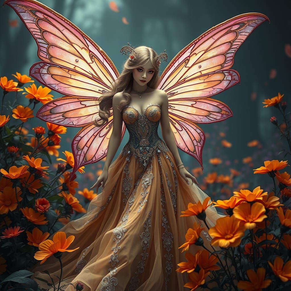 A fairy in a delicate gown stands amidst blooming orange flowers. She has large, intricate wings, evoking a magical, fai...