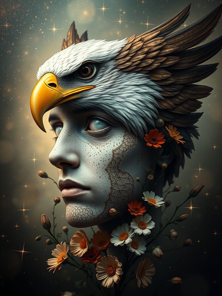 Surreal cosmic portrait of a face morphing with a eagle head...