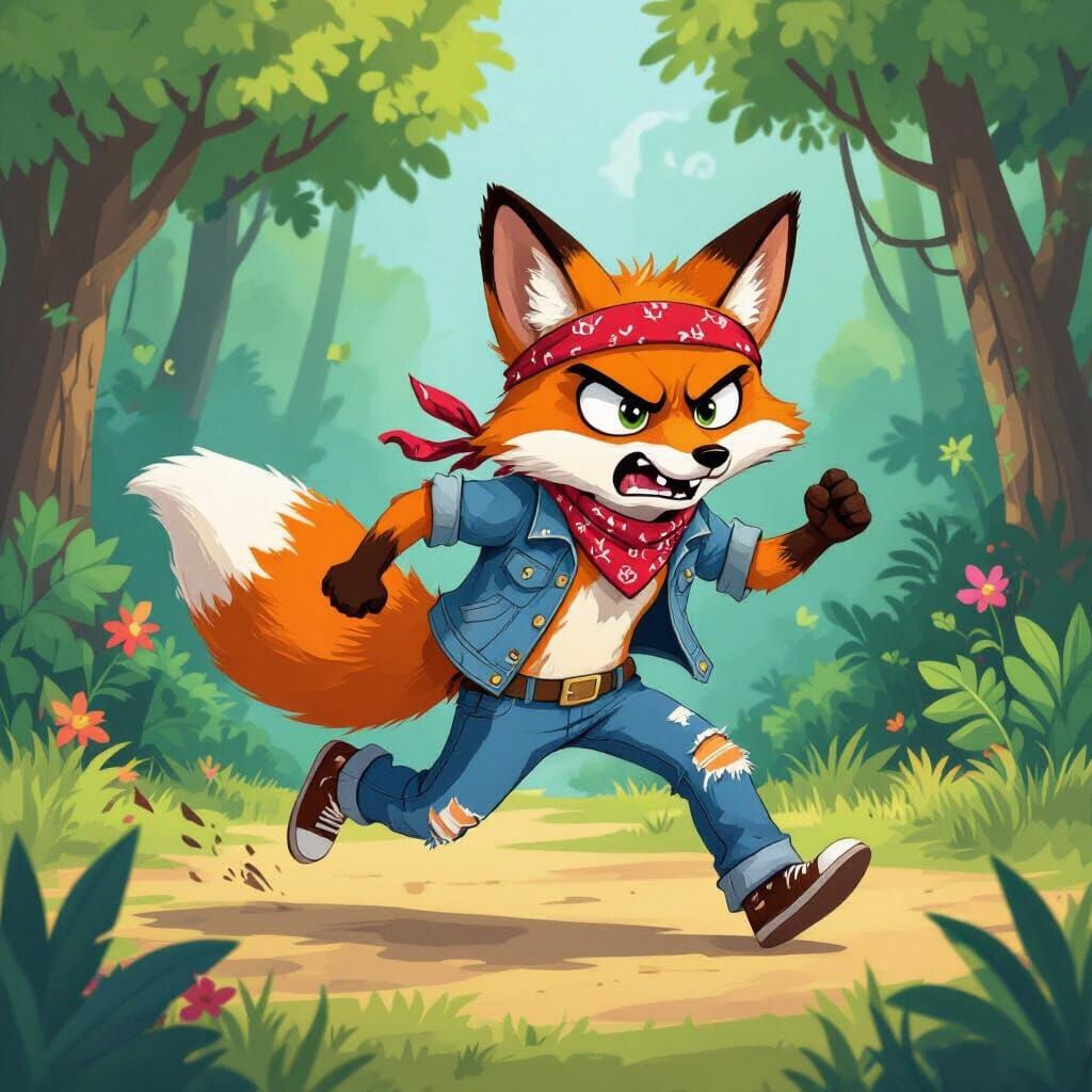 Frustrated Fox Running: Cartoon Illustration in Adventure Ti...