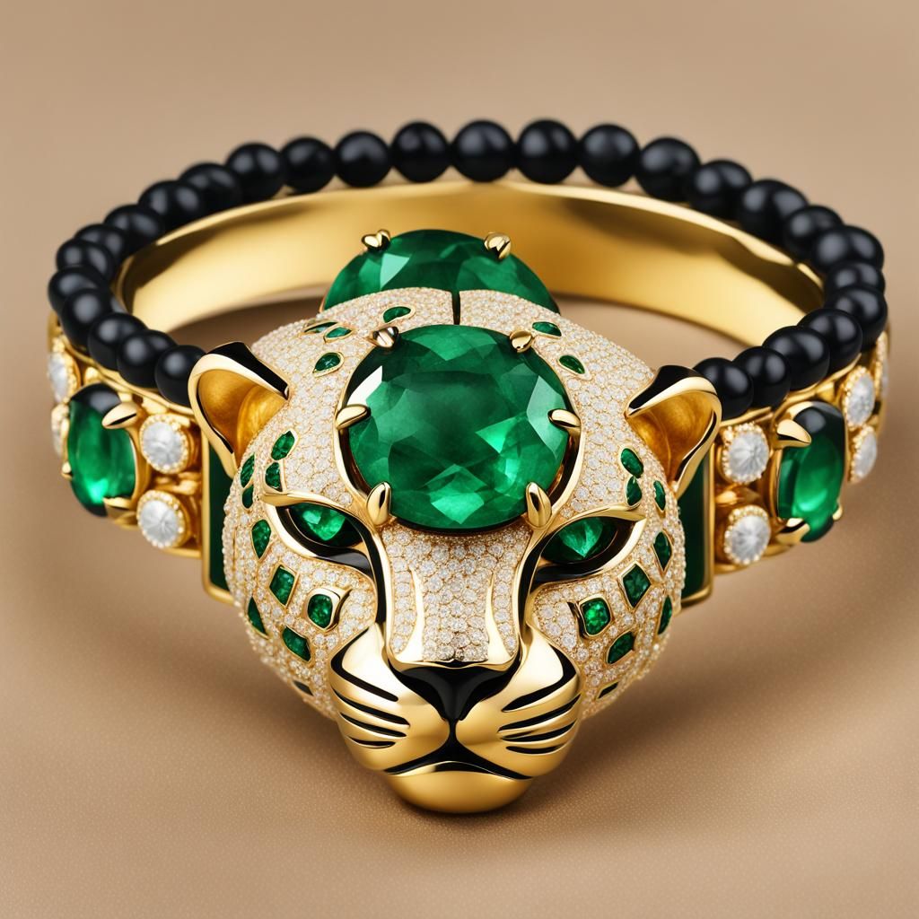 Leopard Wristband with Gold Diamonds and Emeralds