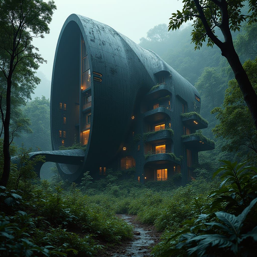 Futuristic Chrome Building in Jungle, Cyberpunk Style