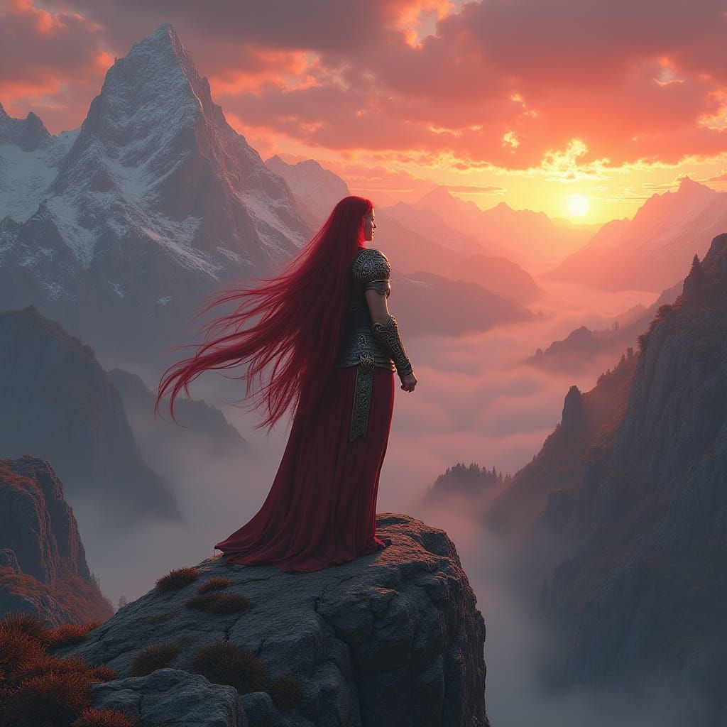 Epic Fantasy Warrior Red Sonja on Snow-Capped Mountain Peak