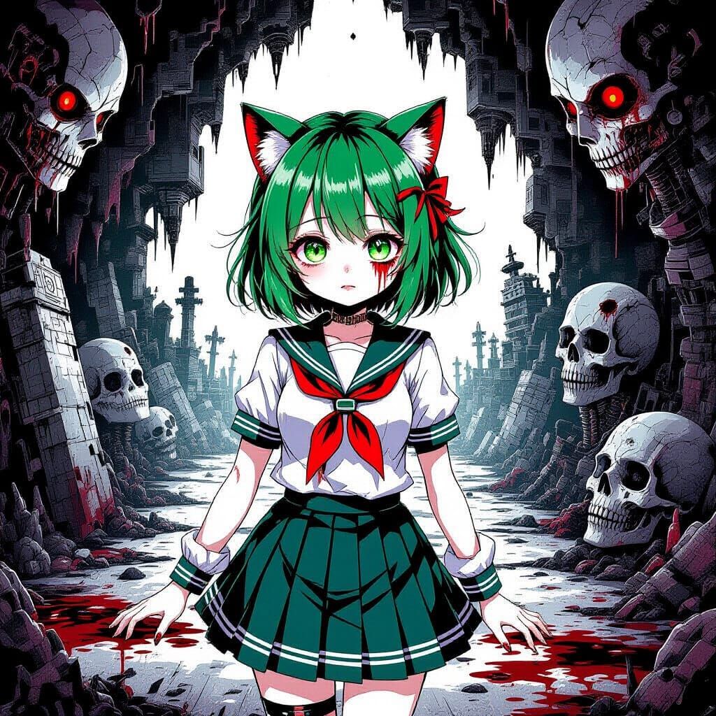 Anime Catgirl in a Surreal Horror Dreamscape