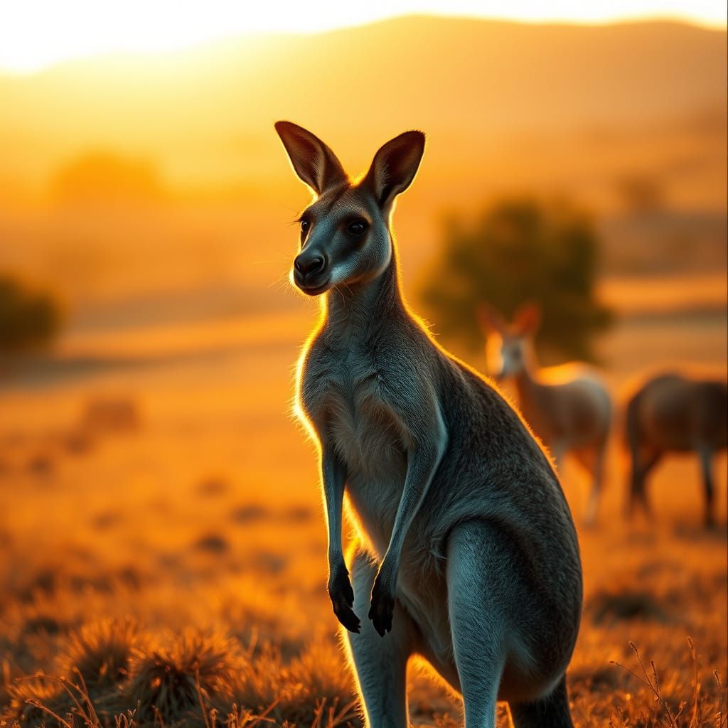 Kangaroo Stands in middle of a rural farm to a beautiful sun...