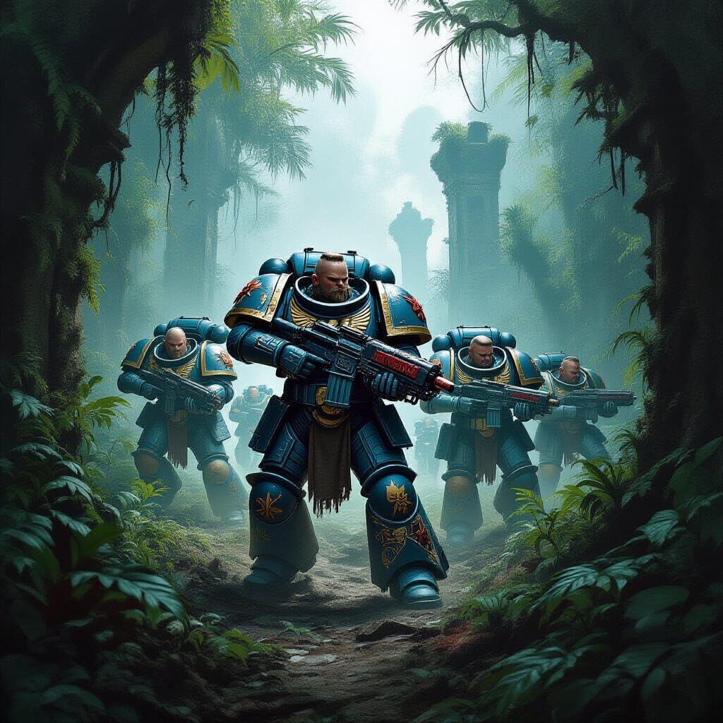 Space Marines in Alien Jungle: Gritty Sci-Fi Art