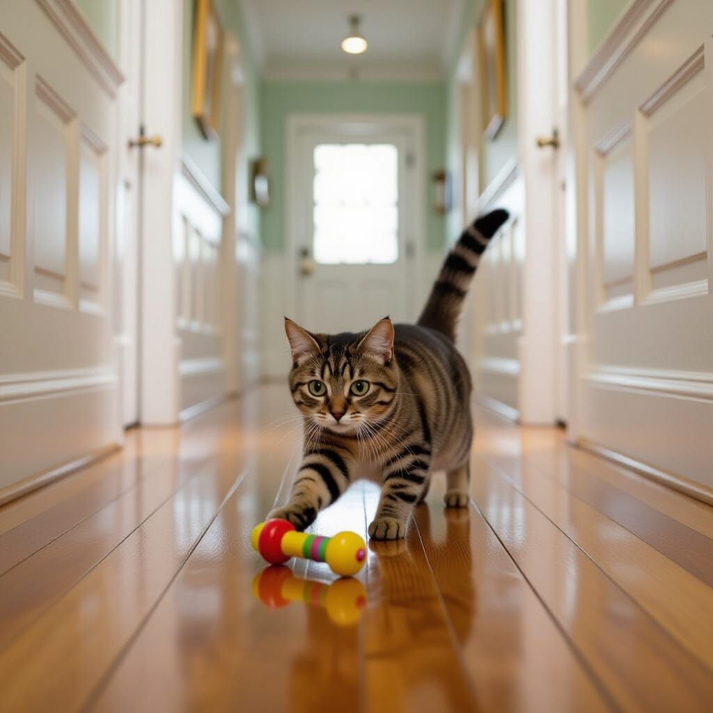 Whimsical Cat Plays in Sunny Hallway