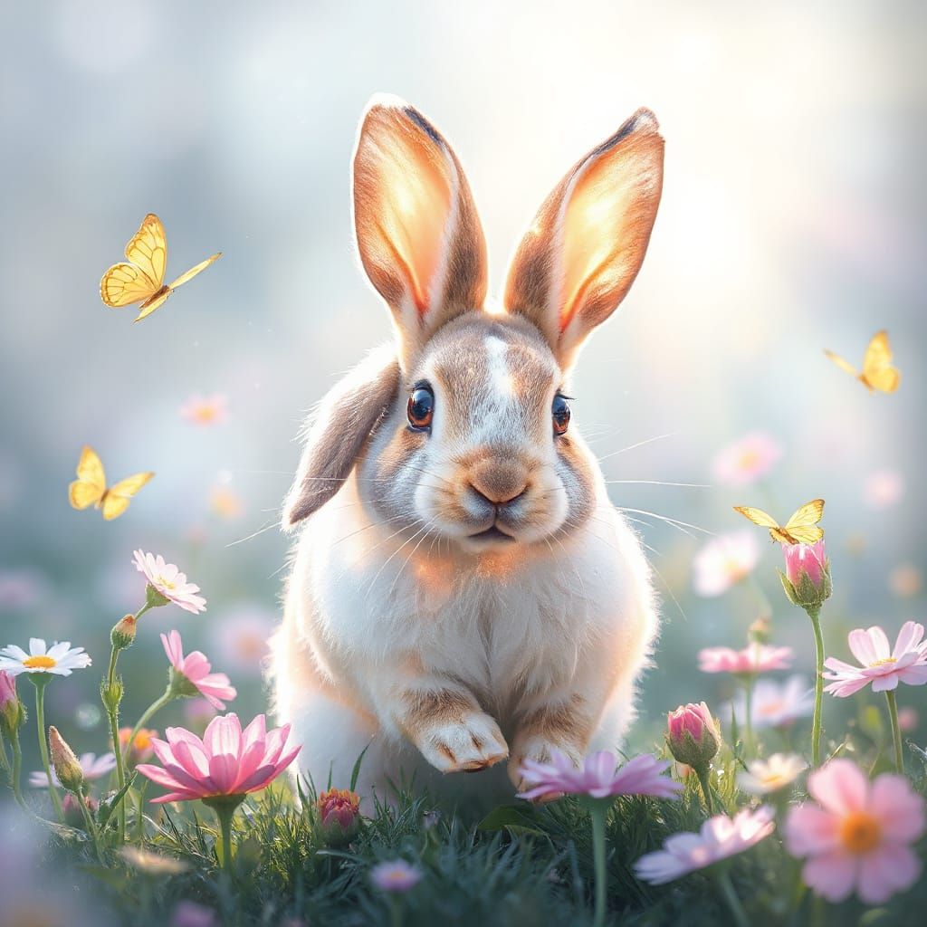 Shimmering Rabbit in Magical Meadow, Watercolor Ears