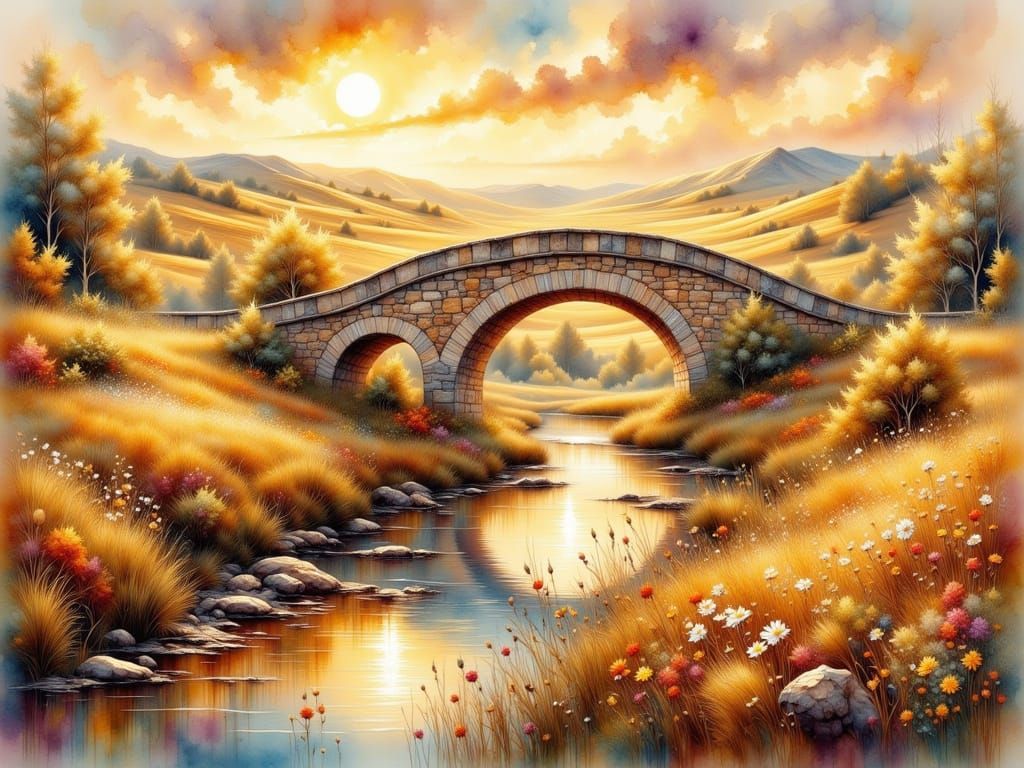 Stone Bridge in Autumn Watercolor