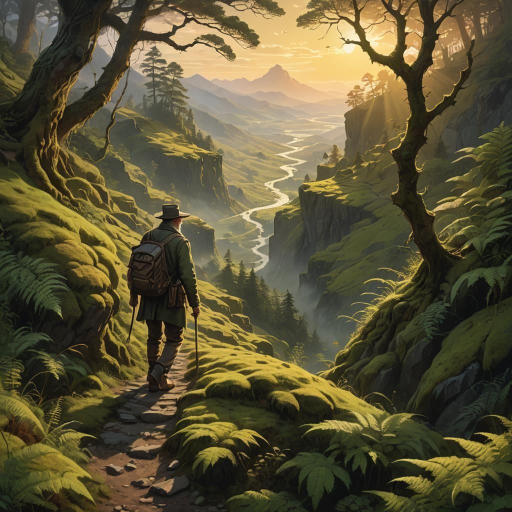 Mystical Traveler in Golden Light: Fantasy Art