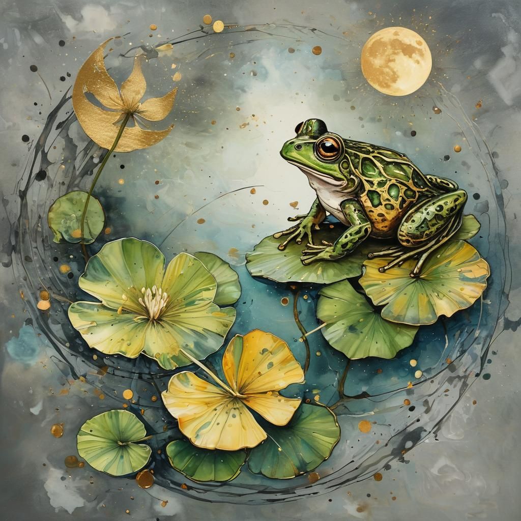 Steampunk Frog Gazing at Moon in Alcohol-Ink Art