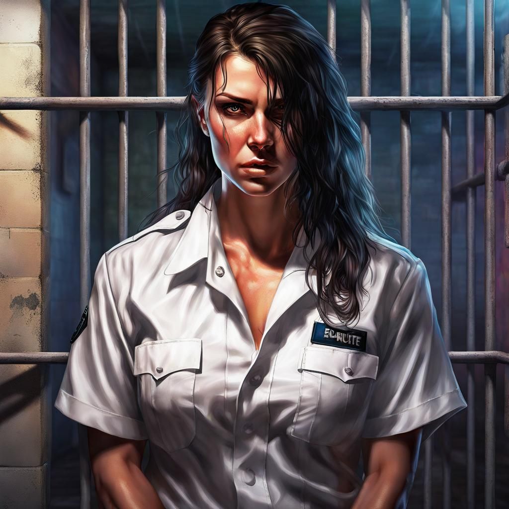 Brunette Prison Officer in Wet Uniform: Hyperrealistic Art