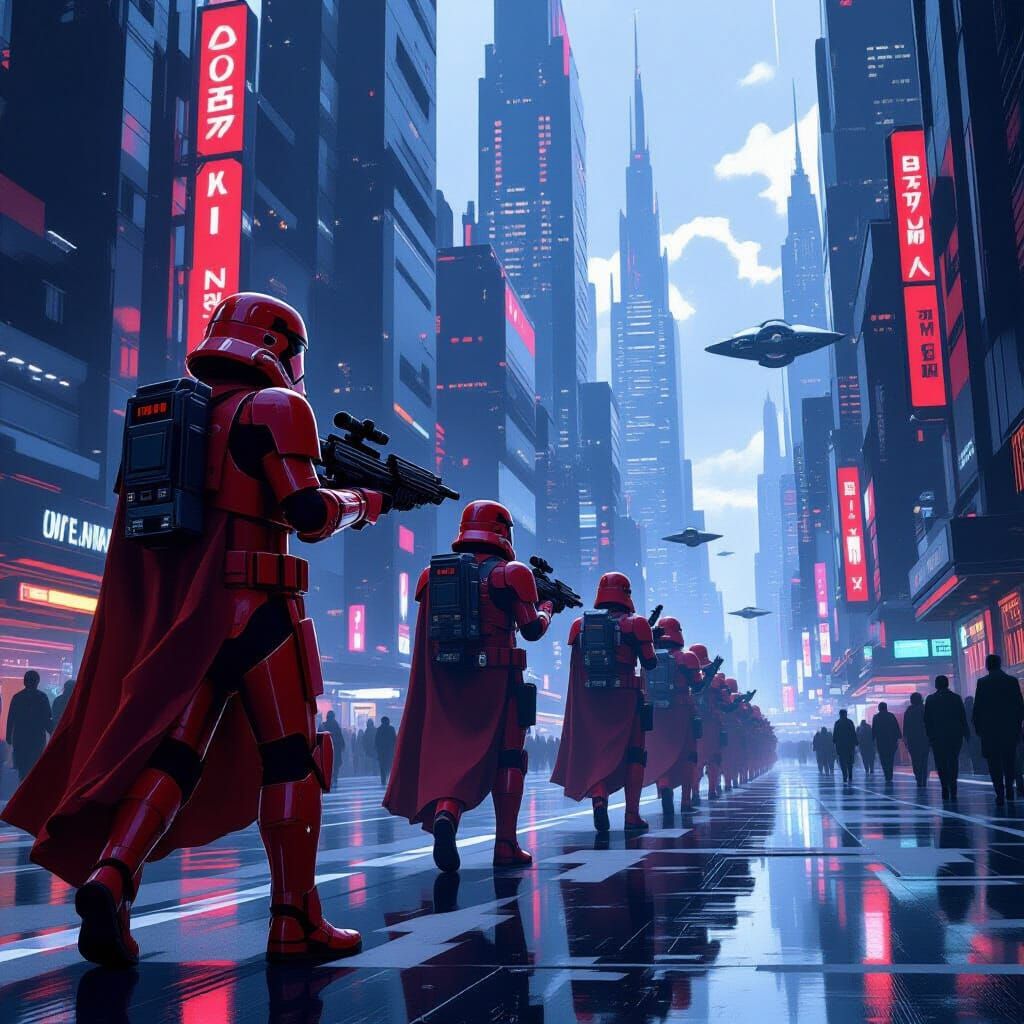 Imperial Shock Troopers Scout Neon Coruscant Cityscape