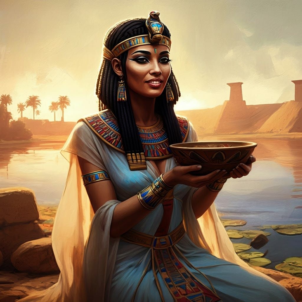 Ancient Egyptian Goddess Meret in Blue Lotus Headdress